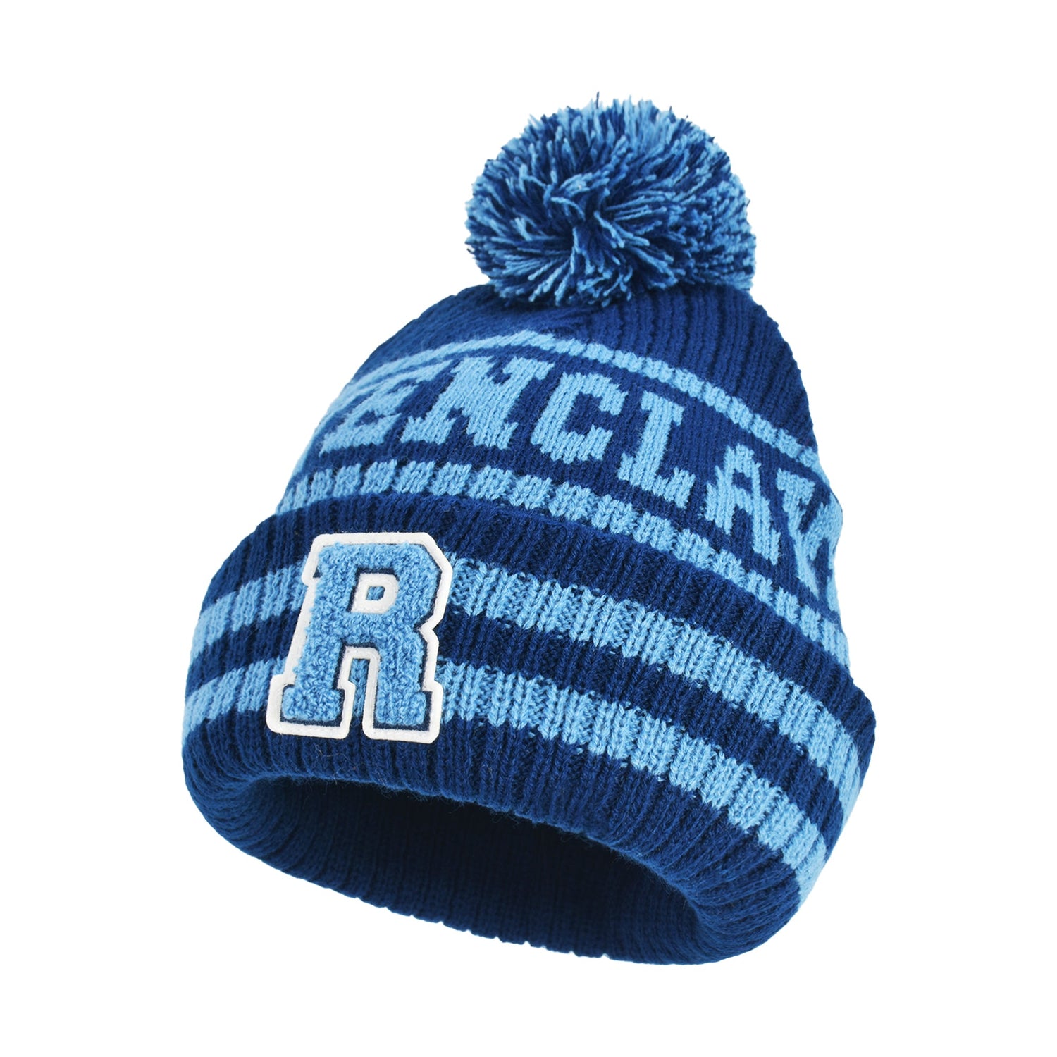 Detail of Ravenclaw lettering and striped design on blue knit hat