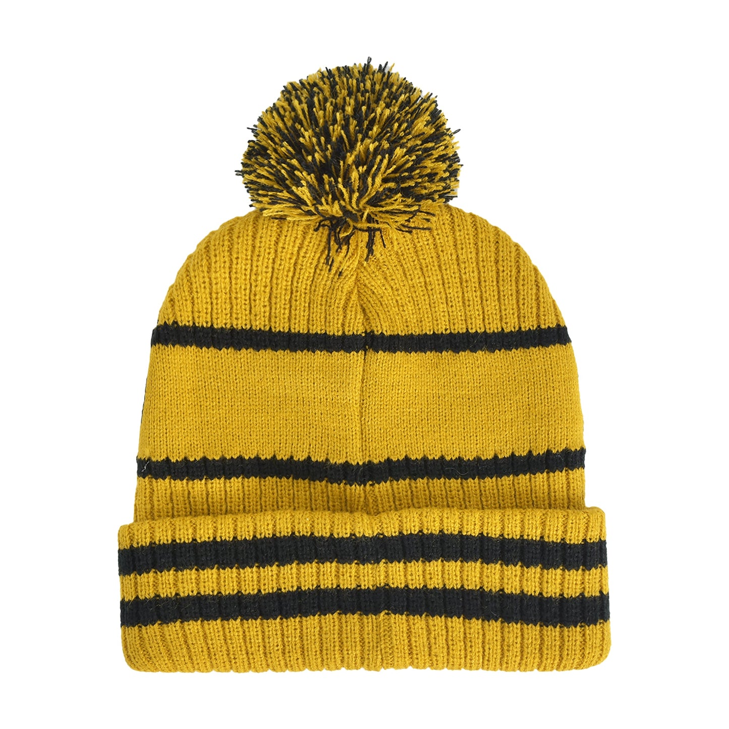 Front view of yellow and black Hufflepuff knit hat showing collegiate lettering
