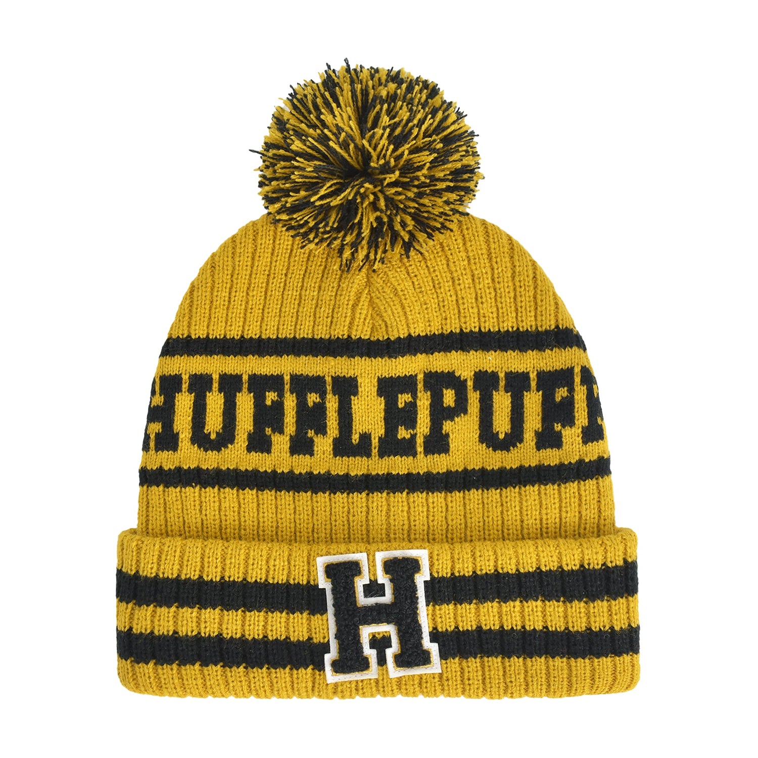 Close-up of Harry Potter Hufflepuff Collegiate Beanie with pom pom