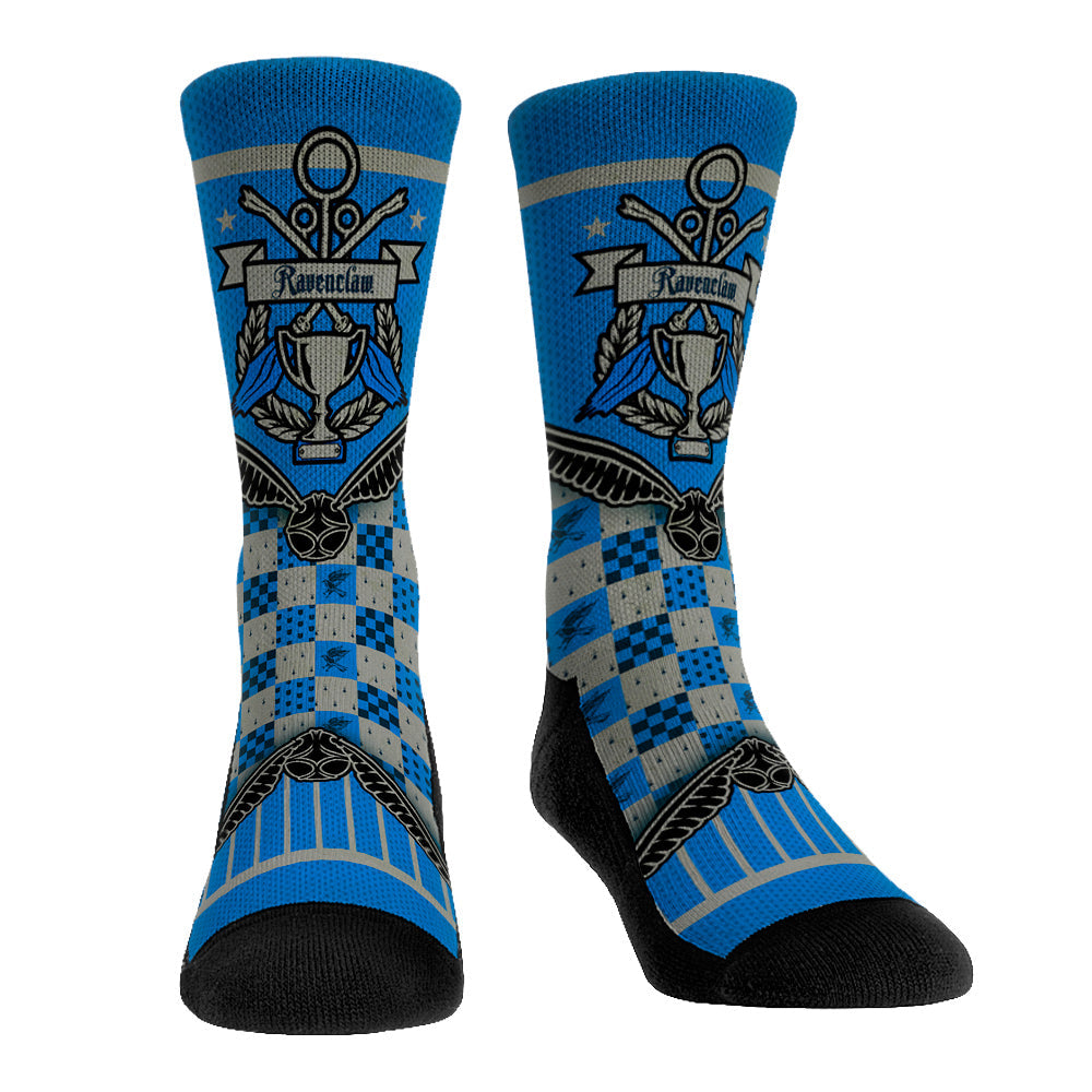 Pair of Harry Potter Ravenclaw socks featuring blue and bronze Quidditch Cup banner design.