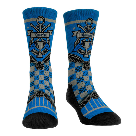 Pair of Harry Potter Ravenclaw socks featuring blue and bronze Quidditch Cup banner design.-0