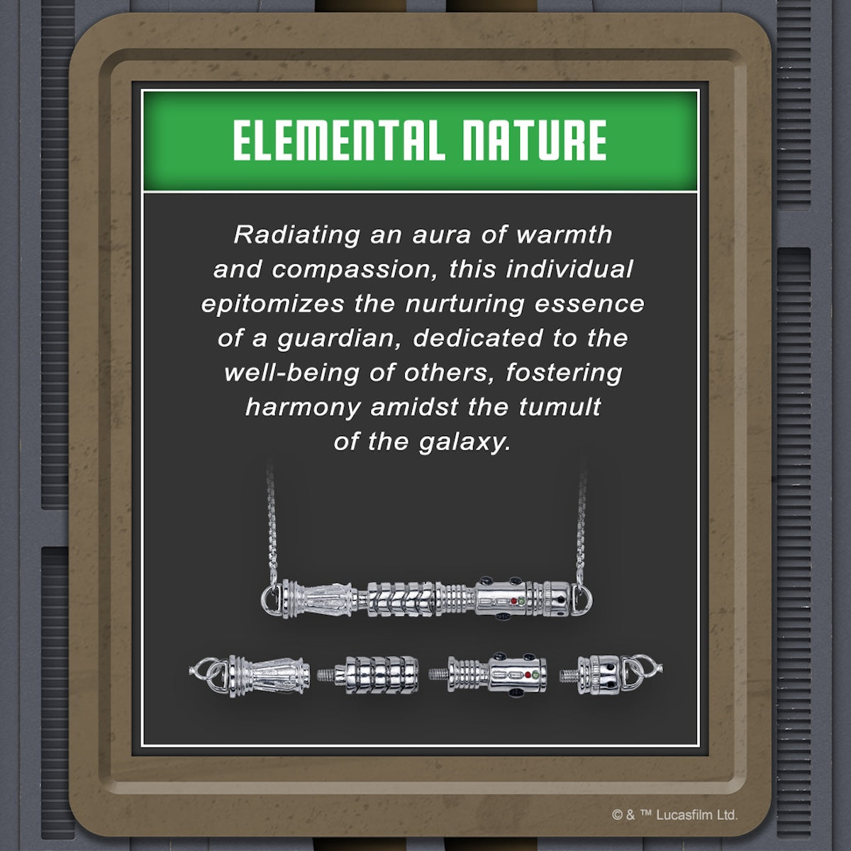 Close-up of the Elemental Nature Lightsaber hilt with wood and bone textures