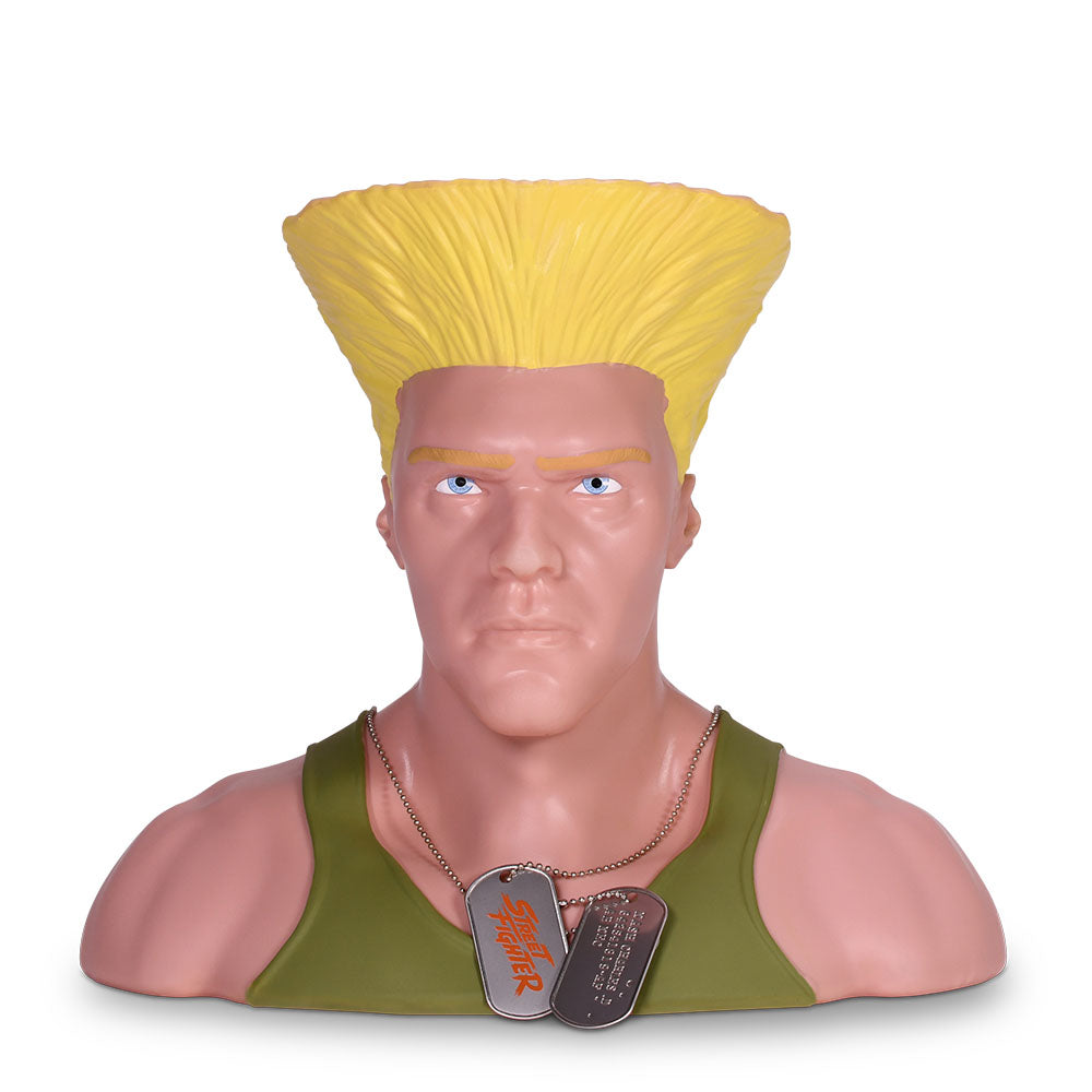 Front view of the Street Fighter Guile bust popcorn bucket showcasing his signature flat-top and determined expression