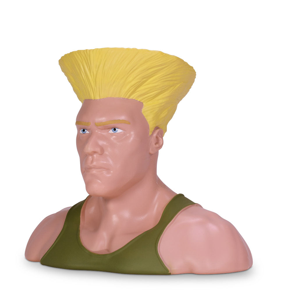 Angle view of the Guile bust popcorn bucket highlighting the sculpted military tank top and detailed features