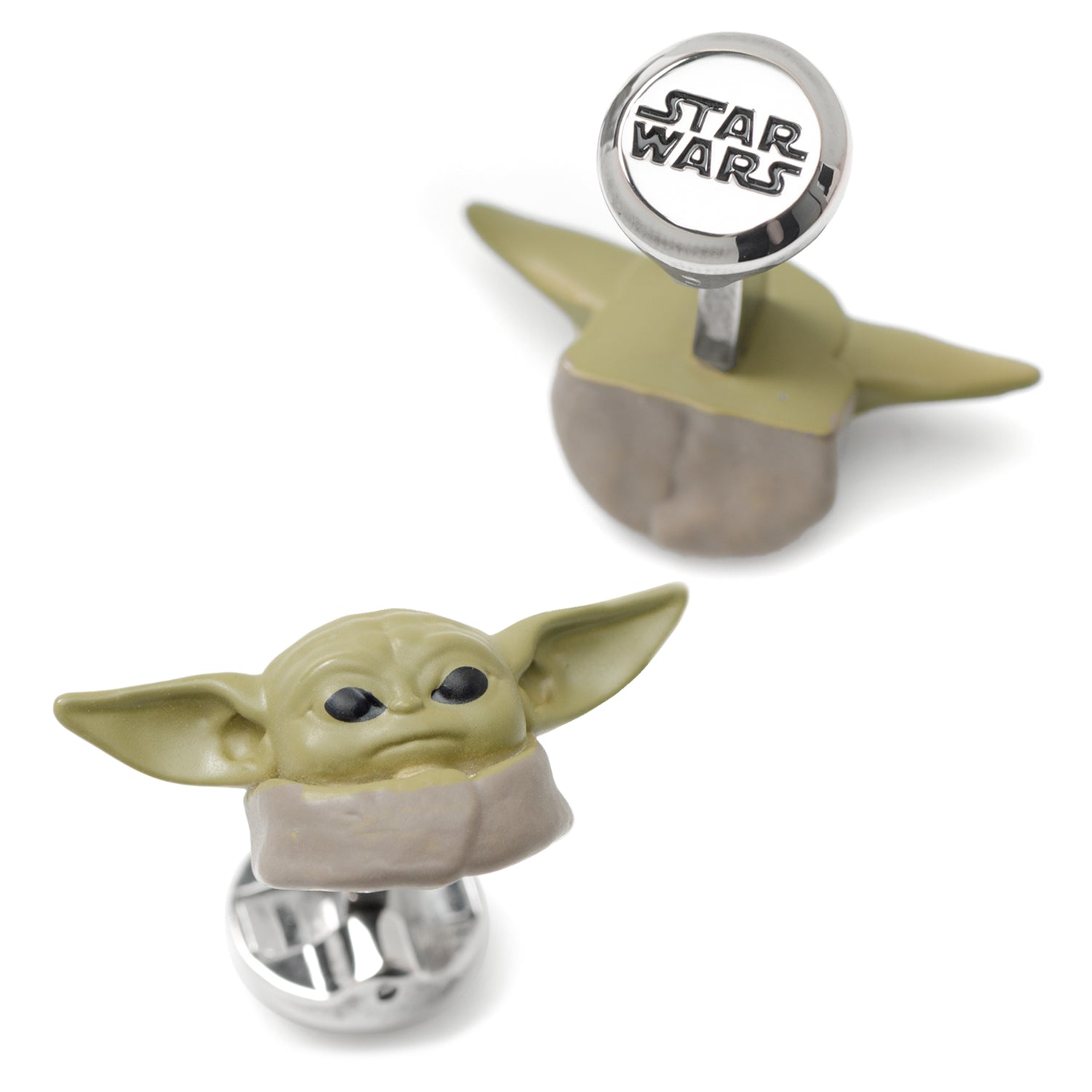 Angled view of Grogu cufflinks highlighting the 3D ears and eyes of The Child from The Mandalorian.