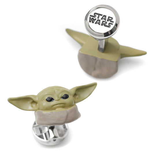 Close-up of Star Wars Grogu 3D cufflinks showing detailed character sculpting and plated metal finish.-1
