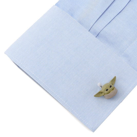 Close-up of Star Wars Grogu 3D cufflinks showing detailed character sculpting and plated metal finish.-2