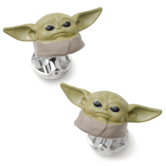 Close-up of Star Wars Grogu 3D cufflinks showing detailed character sculpting and plated metal finish.-0