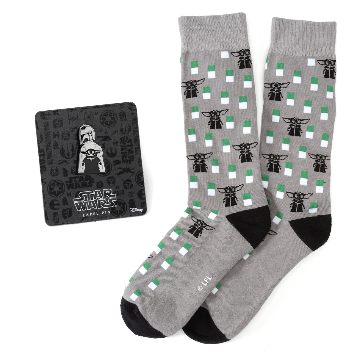 Star Wars Mandalorian and Grogu grey dress socks and matching metal lapel pin gift set
