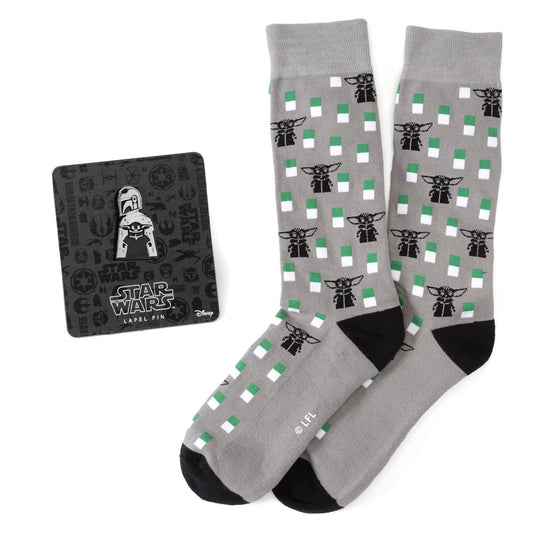 Star Wars Mandalorian and Grogu grey dress socks and matching metal lapel pin gift set-0