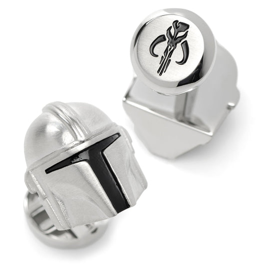 Front view of Star Wars The Mandalorian 3D Helmet Cufflinks in shiny silver stainless steel.-1