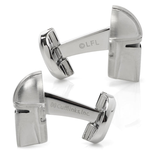 Front view of Star Wars The Mandalorian 3D Helmet Cufflinks in shiny silver stainless steel.-2