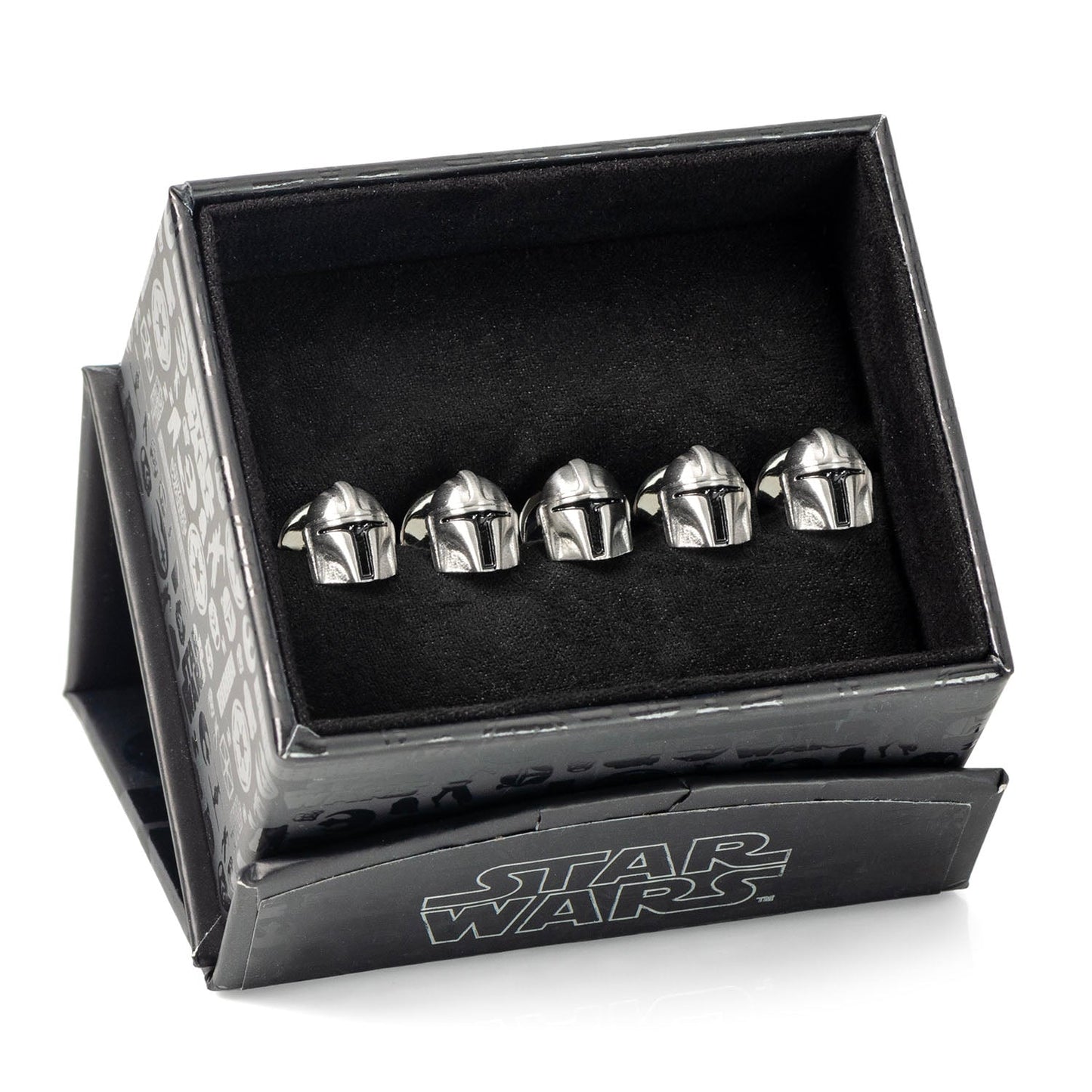 Close-up of the black detailing on the silver helmet studs