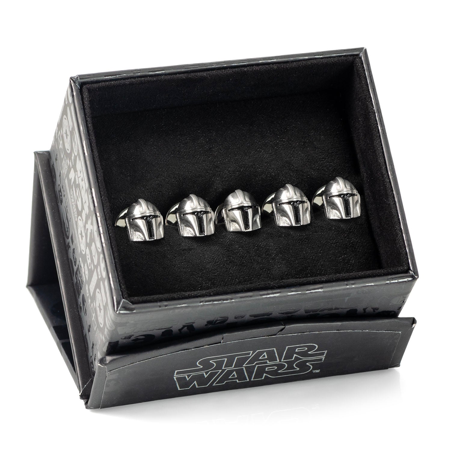 Close-up of the black detailing on the silver helmet studs