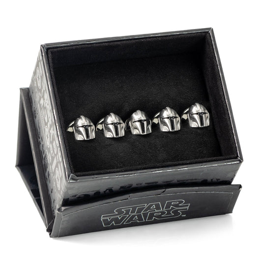 Front view of silver 3D Mandalorian helmet stud earrings-4