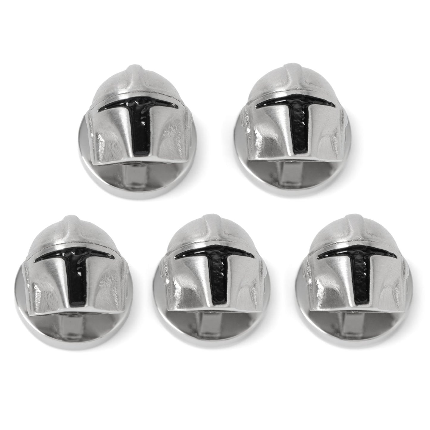 Front view of silver 3D Mandalorian helmet stud earrings