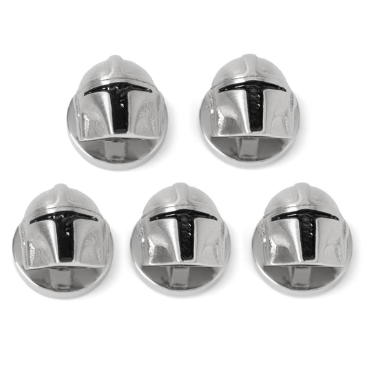 Front view of silver 3D Mandalorian helmet stud earrings-0