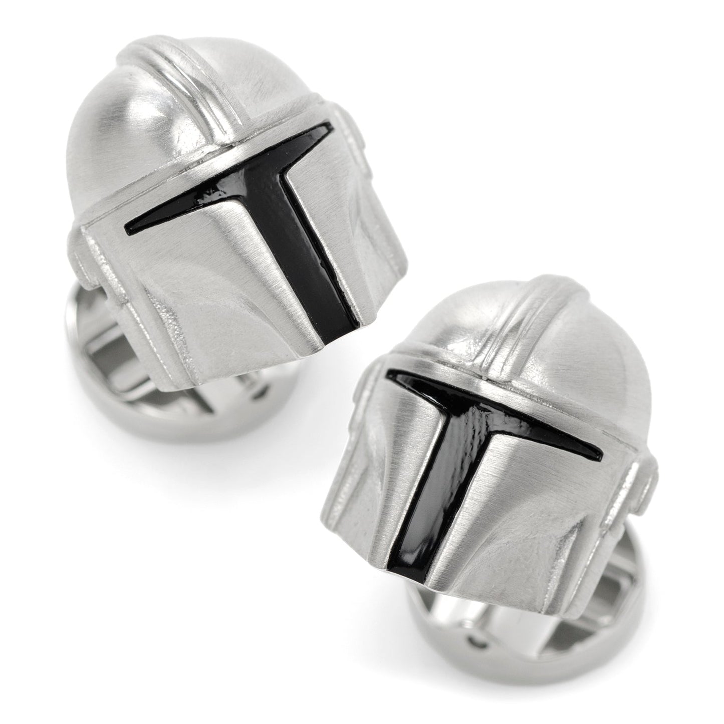Front view of Star Wars The Mandalorian 3D Helmet Cufflinks in shiny silver stainless steel.