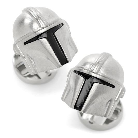 Front view of Star Wars The Mandalorian 3D Helmet Cufflinks in shiny silver stainless steel.-0