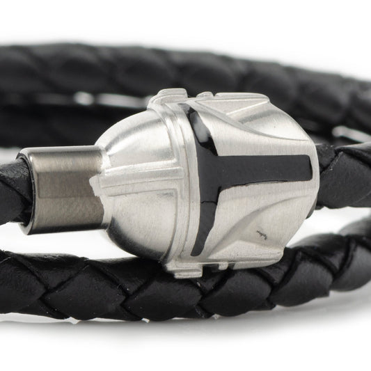 Star Wars Mandalorian double wrap black leather bracelet with stainless steel helmet clasp-2