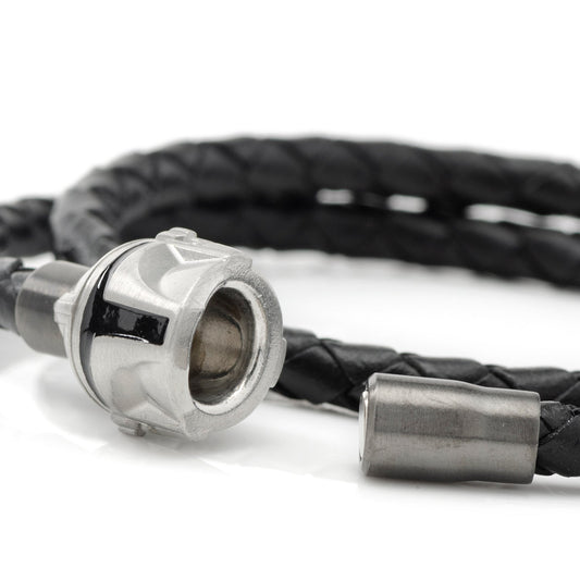 Star Wars Mandalorian double wrap black leather bracelet with stainless steel helmet clasp-3