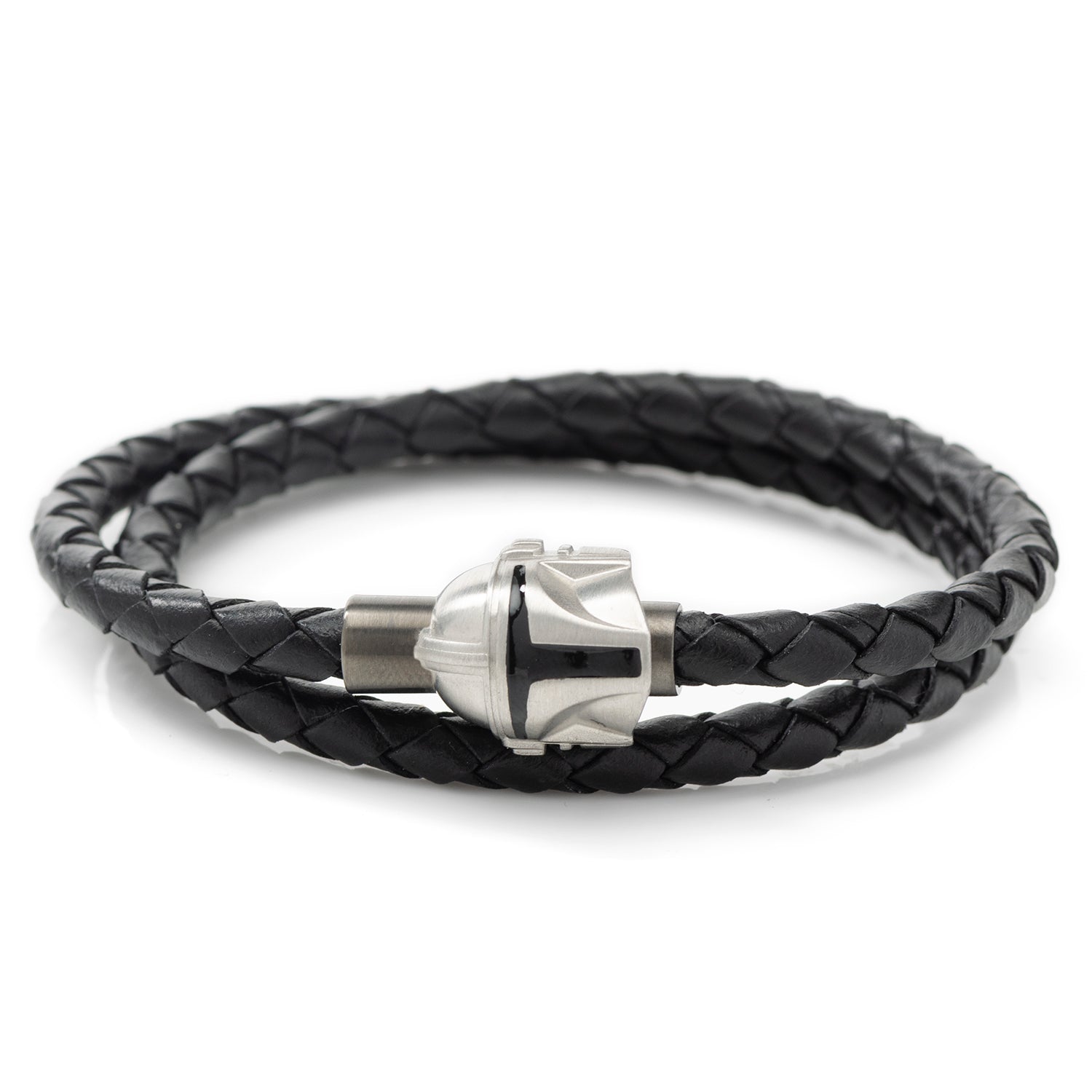 Star Wars Mandalorian double wrap black leather bracelet with stainless steel helmet clasp