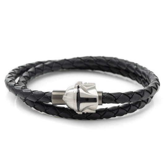 Star Wars Mandalorian double wrap black leather bracelet with stainless steel helmet clasp-0