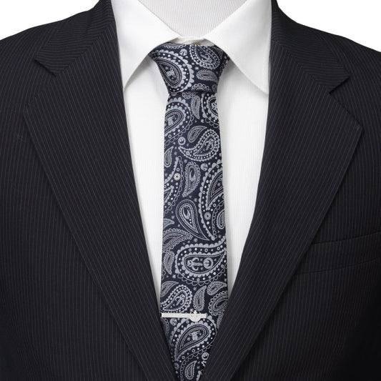 Close-up of Star Wars Mandalorian blue paisley necktie showing Grogu and helmet icons-1