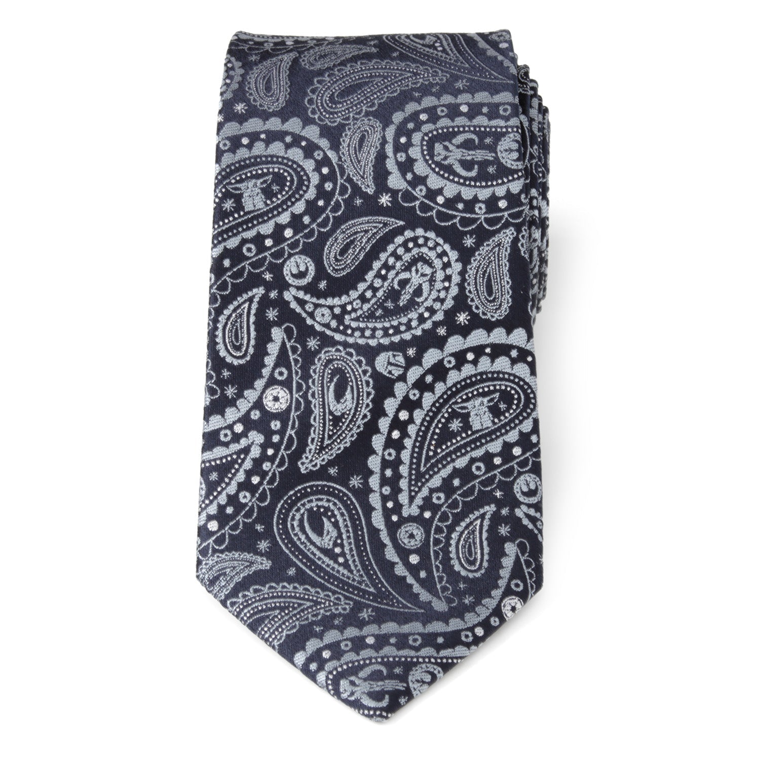 Detail of the mythosaur skull icon hidden within the blue paisley pattern