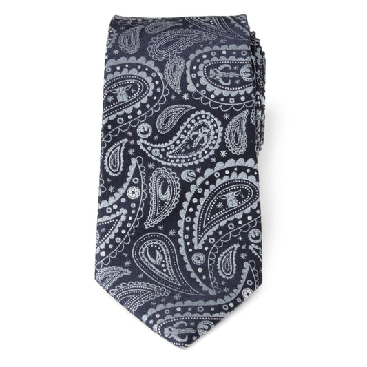 Close-up of Star Wars Mandalorian blue paisley necktie showing Grogu and helmet icons-2