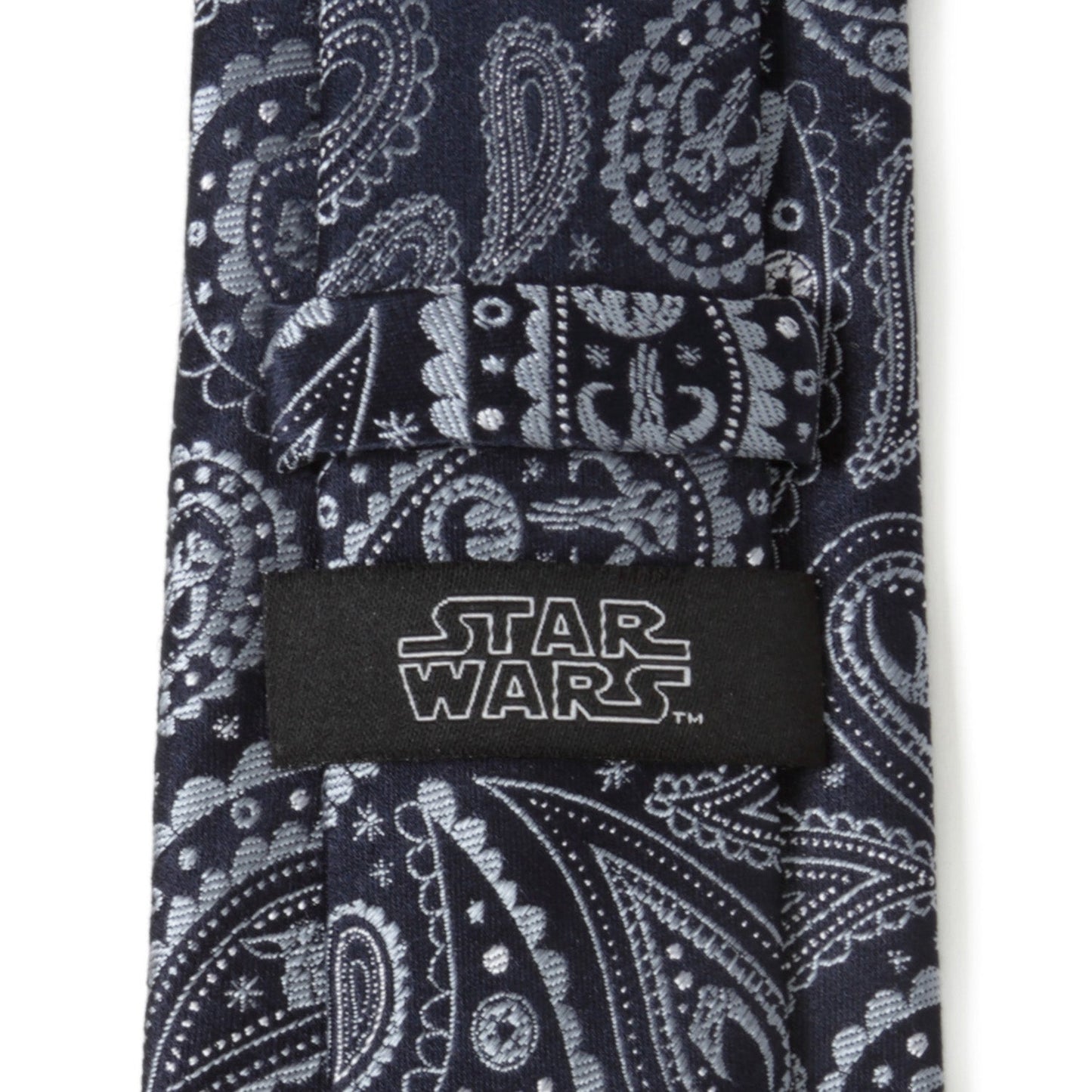 Back of the Mandalorian silk tie showing the official Lucasfilm licensing label