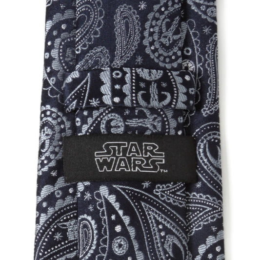 Close-up of Star Wars Mandalorian blue paisley necktie showing Grogu and helmet icons-3