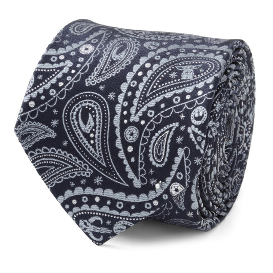 Close-up of Star Wars Mandalorian blue paisley necktie showing Grogu and helmet icons-0