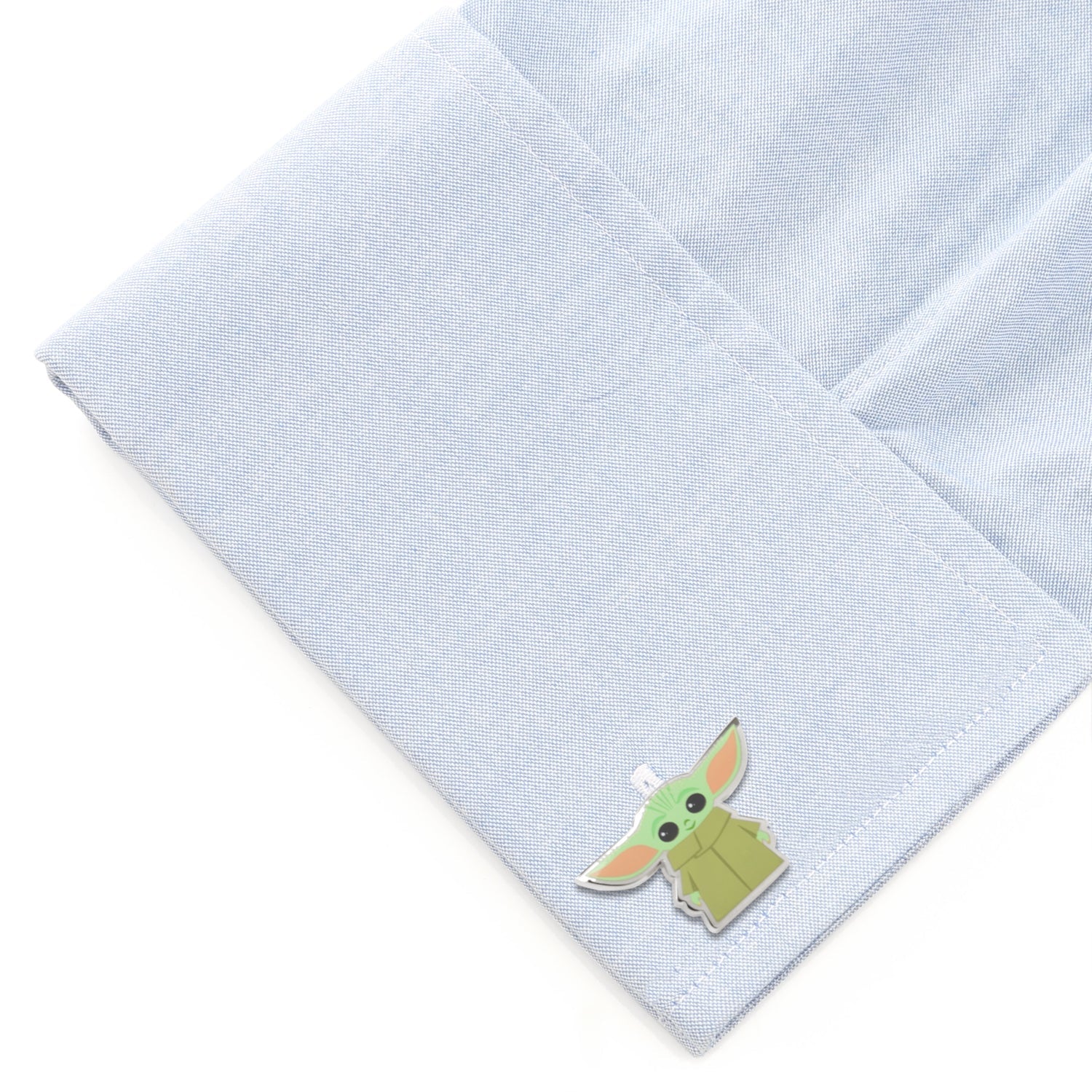 Side view of the plated base metal cufflinks showing the fixed round logo backing