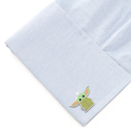 Close-up of Star Wars Grogu cufflinks featuring two different printed poses of The Child-1