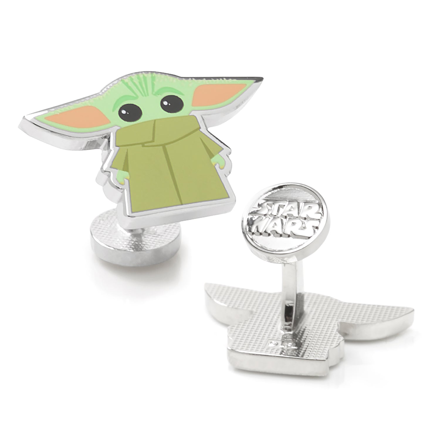 Close-up of Star Wars Grogu cufflinks featuring two different printed poses of The Child