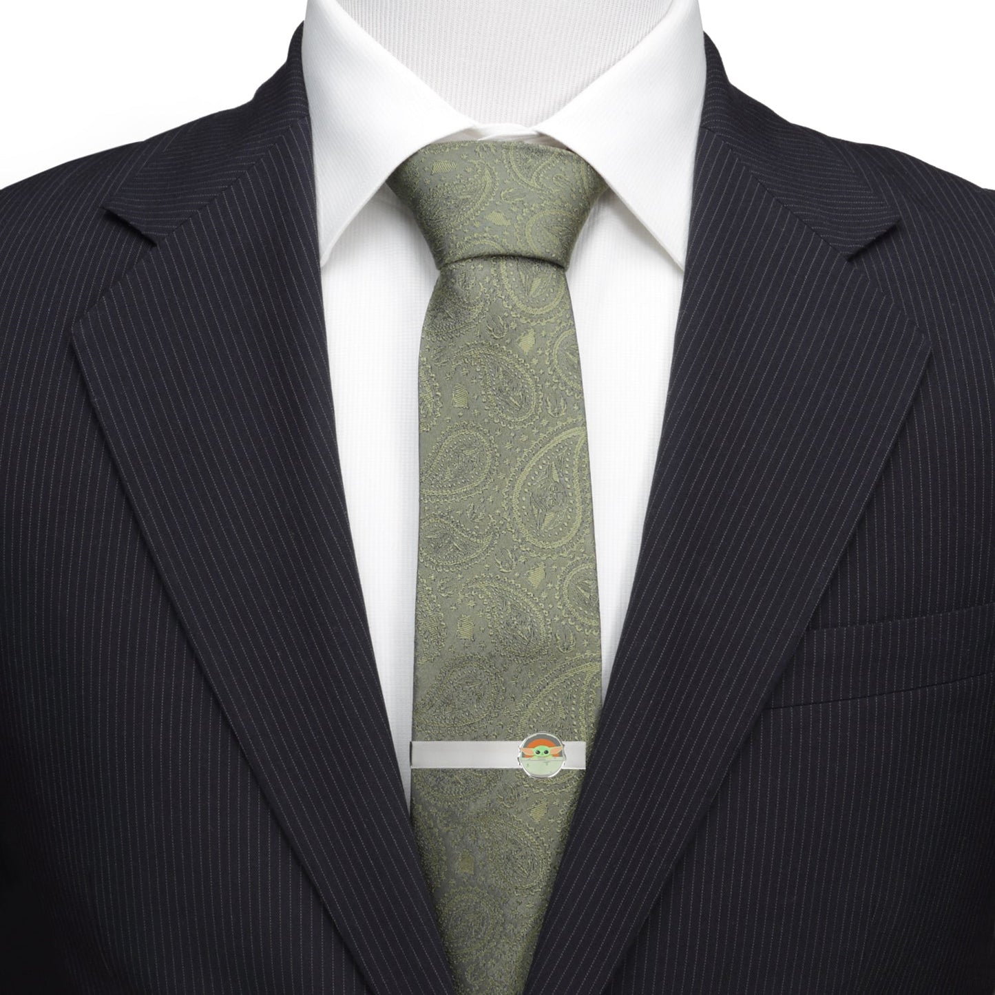 Detailed close-up of the Grogu character on the metallic tie bar