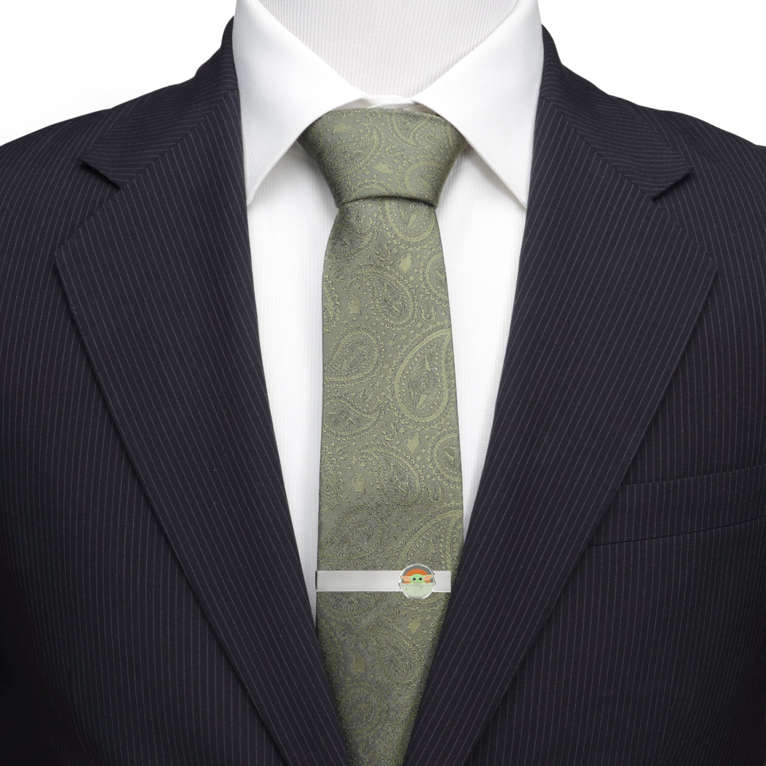 Detailed close-up of the Grogu character on the metallic tie bar