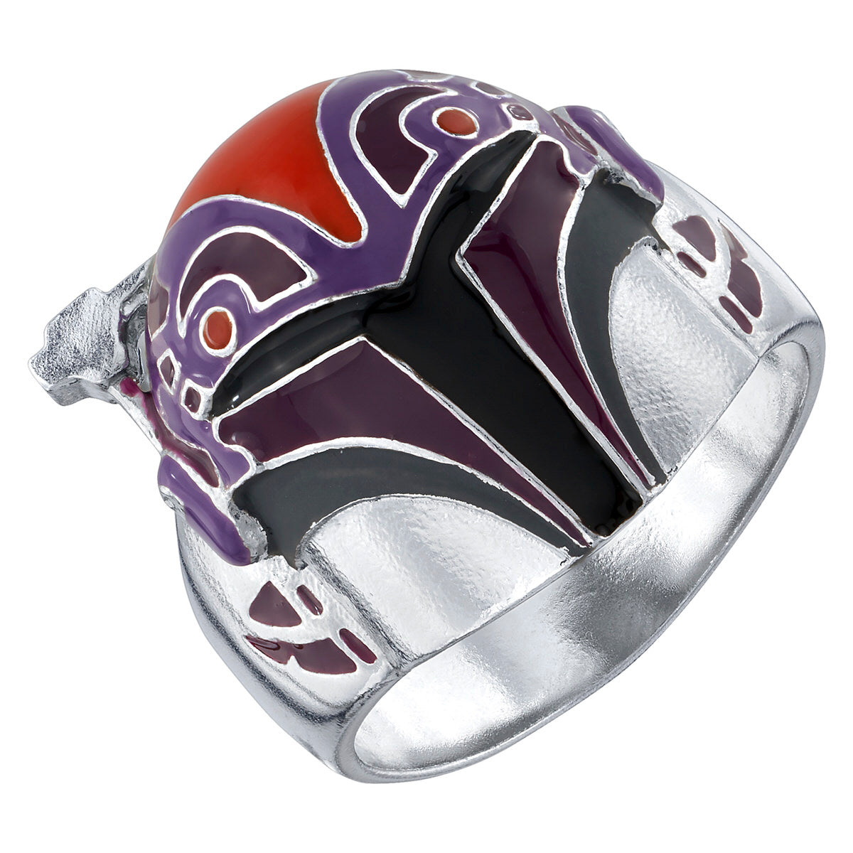 Close up of Sabine Wren ring showing orange and purple enamel markings.