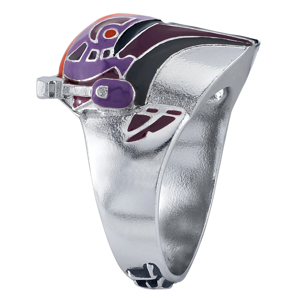 Profile view of sterling silver Mandalorian ring with Rebel lettering on band.