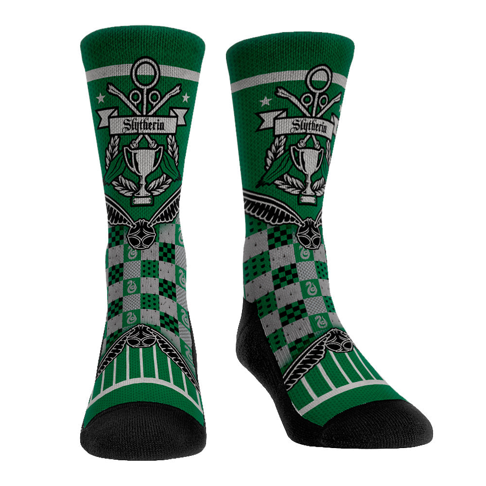 Official Harry Potter Slytherin green and silver socks featuring the Quidditch Cup banner design.