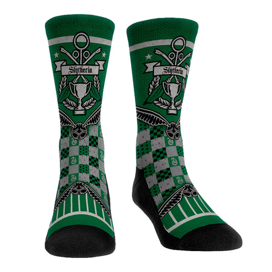 Official Harry Potter Slytherin green and silver socks featuring the Quidditch Cup banner design.-0