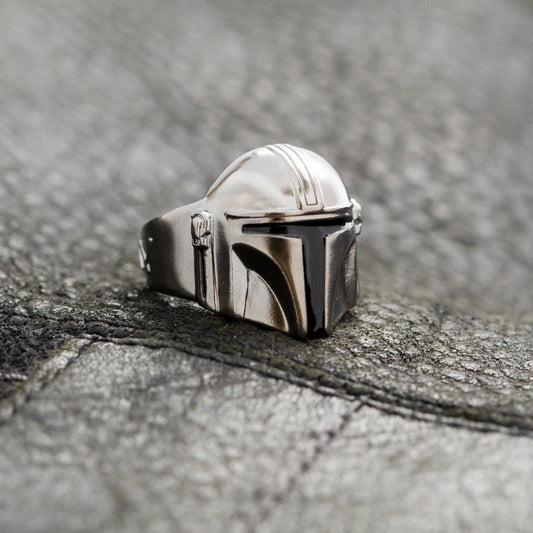 Star Wars x RockLove The Mandalorian Helmet Sterling Silver Ring featuring gunmetal rhodium finish.-7