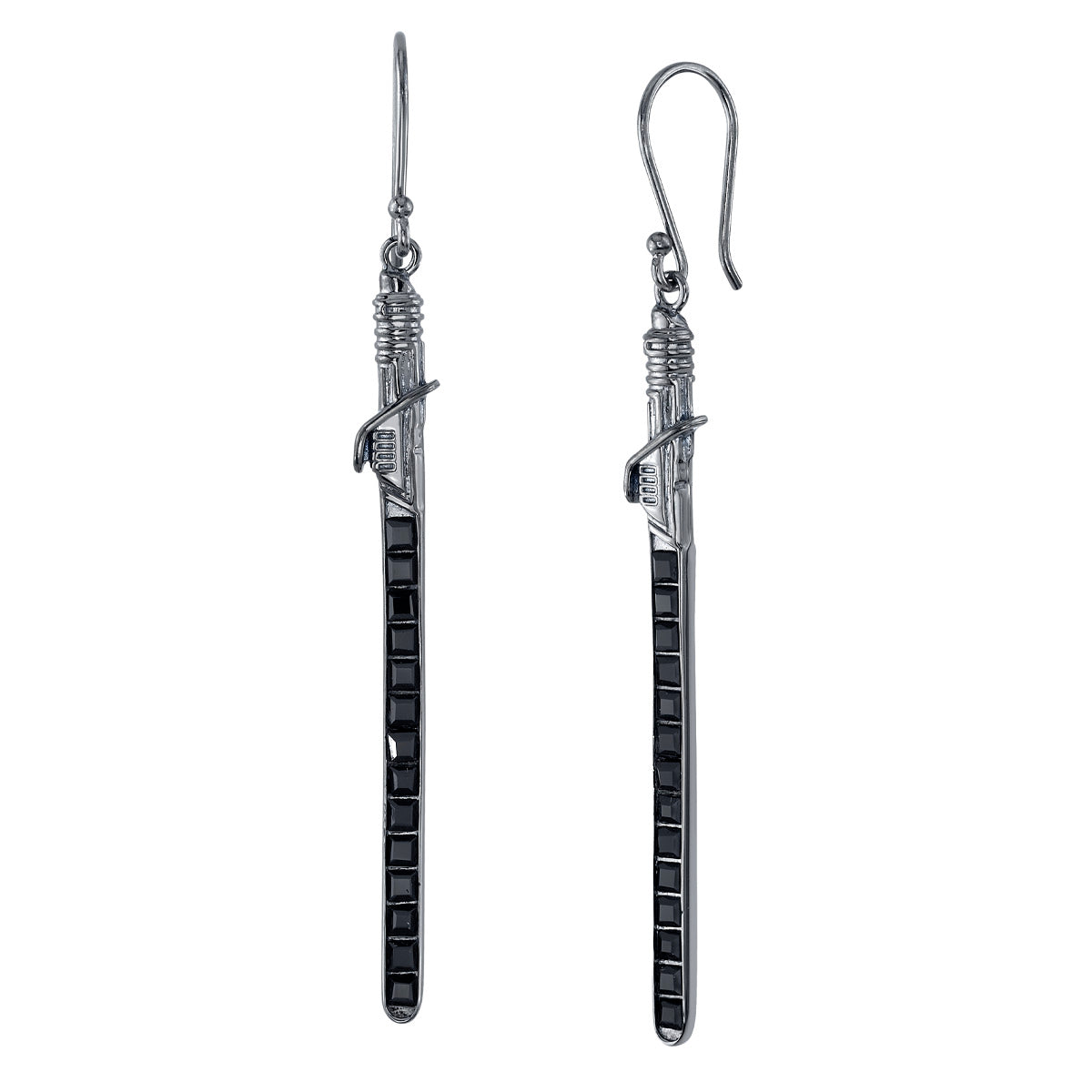 Front view of Star Wars x RockLove Darksaber Crystal Lightsaber Earrings showing the black rhodium finish and crystals.
