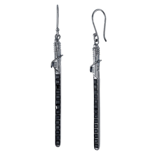 Front view of Star Wars x RockLove Darksaber Crystal Lightsaber Earrings showing the black rhodium finish and crystals.-0