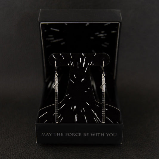 Front view of Star Wars x RockLove Darksaber Crystal Lightsaber Earrings showing the black rhodium finish and crystals.-5