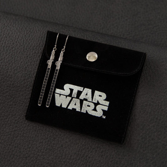 Front view of Star Wars x RockLove Darksaber Crystal Lightsaber Earrings showing the black rhodium finish and crystals.-3