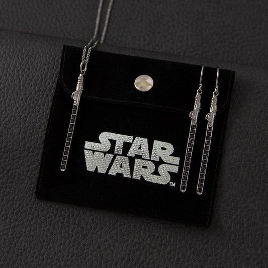 Front view of Star Wars x RockLove Darksaber Crystal Lightsaber Earrings showing the black rhodium finish and crystals.-4