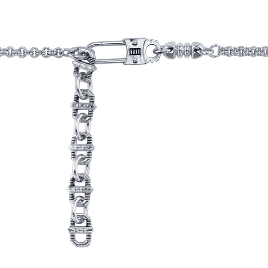 Close-up of Star Wars x RockLove This is the Way necklace showing Aurebesh engraving and Mythosaur symbol-1