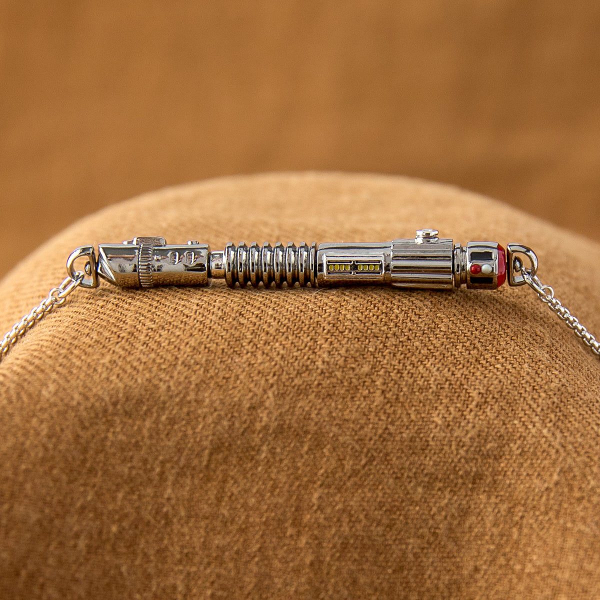 Scale view of the 57mm long lightsaber pendant with adjustable box chain and extender.